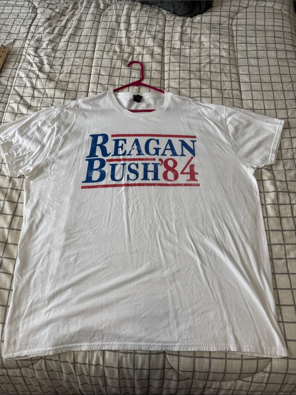 Anvil White Tee with Blue and Red Reagan Bush '84 Graphic